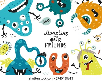 Vector Hintergrund mit beängstigenden lustigen Monstern. Glücklicher Halloween Hintergrund.