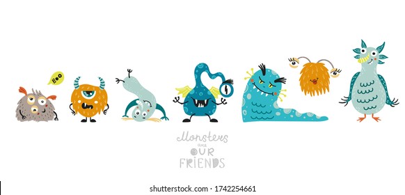 Vector background with scary funny monsters. Happy Halloween background.