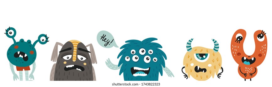 Vector background with scary funny monsters. Happy Halloween background.