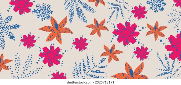 Vector background of scattered abstract leaves with accent flowers and other botanical elements in collage. Random cutout of tropical foliage and florets, ornamental texture, cute decorative pattern 	