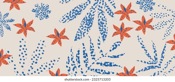 Vector background of scattered abstract leaves with accent flowers and other botanical elements in collage. Random cutout of tropical foliage and florets, ornamental texture, cute decorative pattern 	