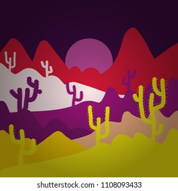 Vector. Background scene with cactus in desert illustration. Pictures on yellow, brown and purple colors.