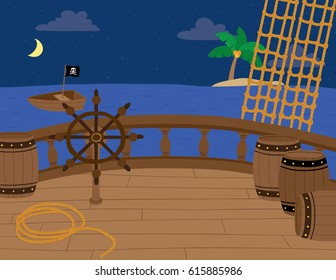 Vector background scene of a pirate ship at night and the ocean behind it