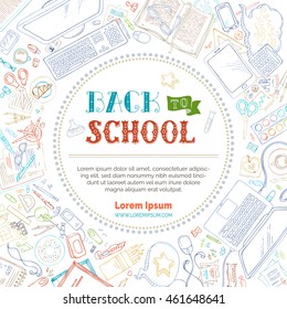 Vector background of school supplies. Doodle contours of gadgets and school stationery. Back to School. Top view. Doodle contours of gadgets and school stationery on white background. 