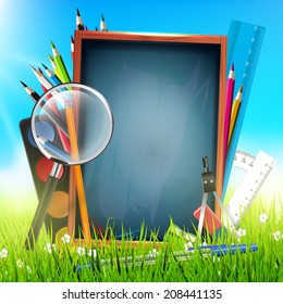 Vector background with school supplies and empty blackboard in the grass 