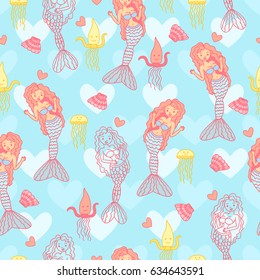 Vector background with sea animal. Seamless pattern with mermaids, jellyfish, starfish, squid and fish. 