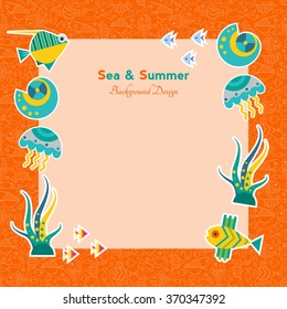 Vector background with sea animals fish, jellyfish, shells, seaweed. Can be used as a template for a menu of sea of restaurants,  in the printing industry, frames for photos