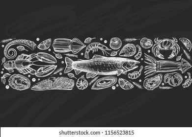 Vector background with sea food on the chalkboard
