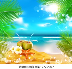 vector background of the sea, palm trees, coconut cocktail, sea star