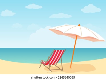 Vector  background of sea shore. Good sunny day. Deck chair and beach umbrella on the sand coast.