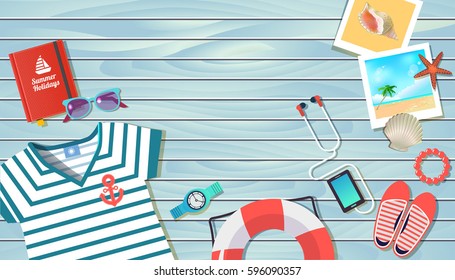 vector background sea style template for summer vacation with wooden texture