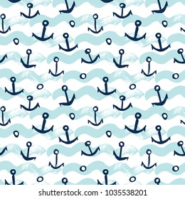 Vector background with sea waves, seagulls, ships, anchors. Painted with a brush.