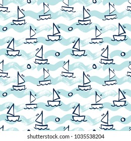 Vector background with sea waves, seagulls, ships, anchors. Painted with a brush.