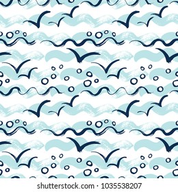 Vector background with sea waves, seagulls, ships, anchors. Painted with a brush.