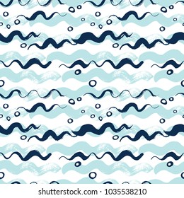 Vector background with sea waves, seagulls, ships, anchors. Painted with a brush.