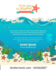 Vector background of sealife. Various fish, starfish, crab, shell, jellyfish, algae, bottle with a letter and key on the bottom. Waves on the top. There is place for text in the sea and in the sky. 