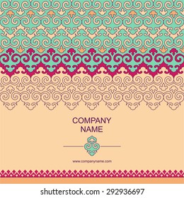 Vector background with seamless oriental ornamental border and place for your text. Indian, Arabic, Islam motifs. Vintage arabian design. Business, greeting or invitation card template
