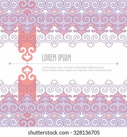 Vector background with seamless ornamental border and place for text. Oriental motifs. Greeting card or invitation template. Label element for title. Violet lace mood