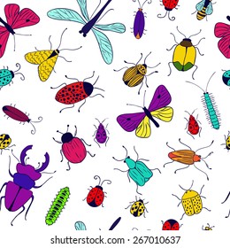 Vector background. Seamless vector pattern. Bugs and butterflies. Ecology.