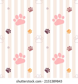 vector background , seamless pattern of cat paws on white and orange striped background .