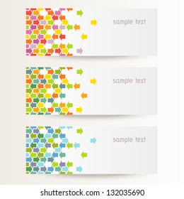Vector background with seamless pattern of color arrows. Brochure template with text box. Set of abstract cards with concept of movement. Banners with simple decorative design element for print, web
