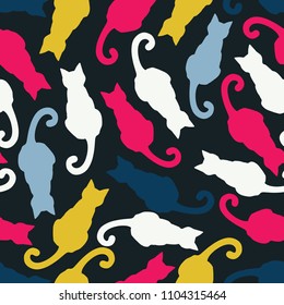 Vector background. Seamless pattern with colorful silhouettes of cats. Bright colors