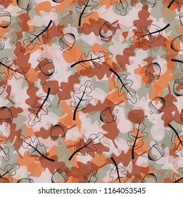 Vector background. Seamless pattern consisting of autumn oak leaves and acorns.