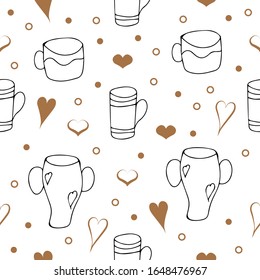 Vector background. Seamless pattern with cups, mugs of tea, coffee, cocoa.