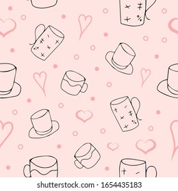 Vector background. Seamless pattern with cups, mugs of tea, coffee, cocoa.