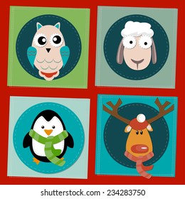 Vector background (seamless pattern) with deer, pinguin, sheep and owl. Merry Christmas and happy new year scrapbooking card, childish wallpaper, pattern fills, web page background, surface texture.