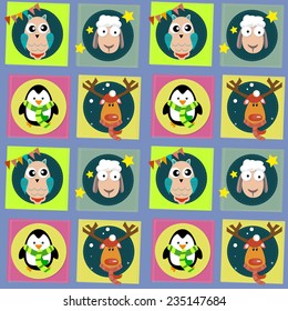 Vector  background (seamless pattern) with deer, pinguin, sheep and owl. Merry Christmas and happy new year scrapbooking card, childish wallpaper, pattern fills, web page background, surface texture.