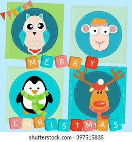 Vector background (seamless pattern) with deer, pinguin, monkey and owl. Merry Christmas and happy new year scrapbooking card, childish wallpaper, pattern fills, web page background, surface texture.