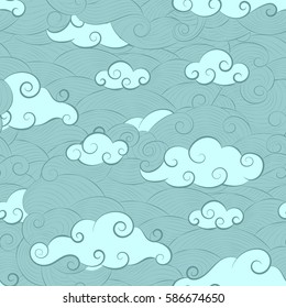Vector background seamless pattern doodle cloud in the sky lined with curved lines