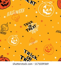 Vector Background of Seamless Pattern for Halloween. Pumpkin, Skulls and Spiderweb on the Orange Halloween Theme. Bright Cartoon Outline Pattern for Halloween.