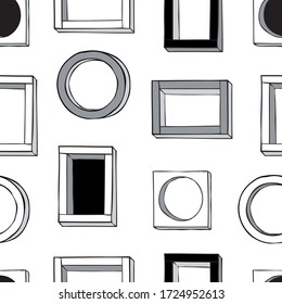 Vector background seamless pattern with hand drawn square, round and rectangle frame doodle. Black and white wall picture frame gallery.