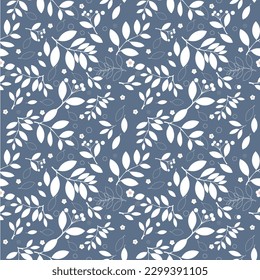 vector background seamless pattern of leaves and flowers on an indigo blue background.idea for a book cover design.gift wrapping paper or paper for product design.vector illustration.silhouette style.