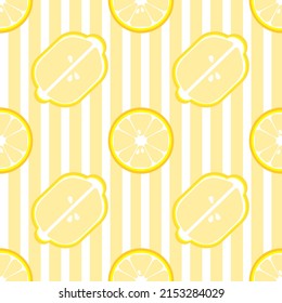 Vector background seamless pattern of lemon sliced on vertical yellow striped pattern , Flat style , vector illustration