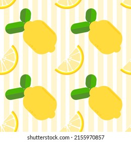 Vector background seamless pattern of lemon sliced on vertical yellow striped pattern , Flat style , vector illustration