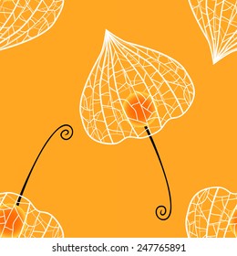 Vector background (seamless pattern) with physalis on orange background.