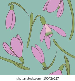 Vector background seamless pattern with pink snowdrops