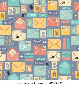 vector background, seamless pattern. postal stationery, writing, ink, postage stamps with animals