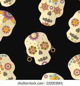 Vector background (seamless pattern) with skulls with floral ornament. Can be used as wrapping paper on Halloween, web page background, textile print etc.