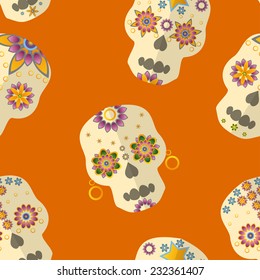 Vector background (seamless pattern) with skulls with floral ornament. Can be used as wrapping paper on Halloween, web page background, textile print etc.
