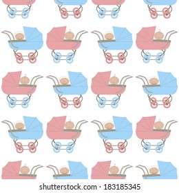 vector background,  seamless pattern with strollers and baby - girl and boy, cartoon design, vector illustration