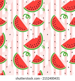 vector background seamless pattern of watermelon sliced and seeds on pink striped pattern , vector illustration , flat style