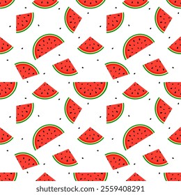 vector background seamless pattern of watermelon sliced and random pattern of watermelon seeds on white background.