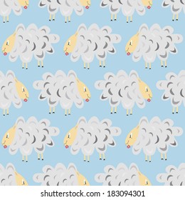 vector background, seamless pattern with white sheep that eating a flower, geometric design, vector illustration