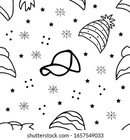 Vector background. Seamless pattern with winter hat. Warm winter hat in doodle style. Vector hand drawn illustration