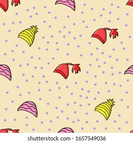 Vector background. Seamless pattern with winter hat. Warm winter hat in doodle style. Vector hand drawn illustration