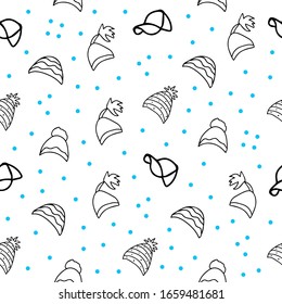 Vector background. Seamless pattern with winter hat. Warm winter hat in doodle style. Vector hand drawn illustration